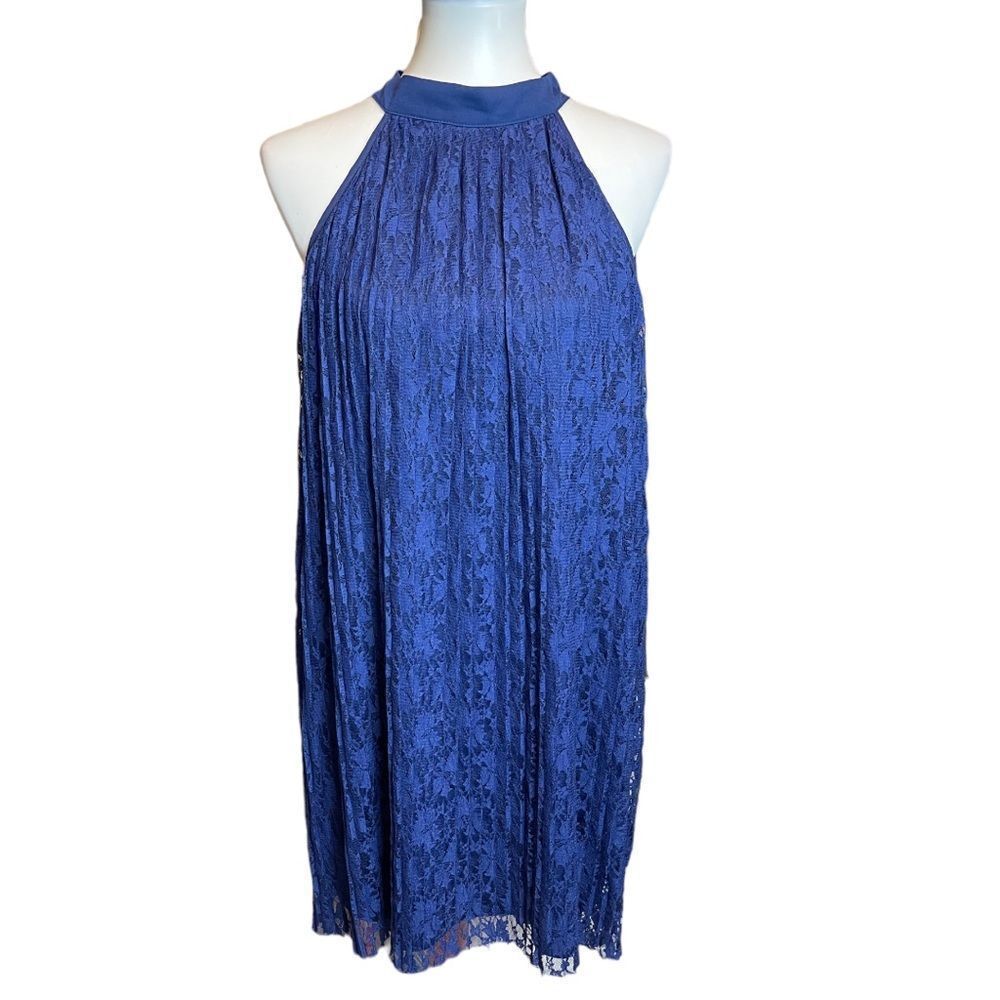 🔴 Navy Blue Pleated Lace Shift Dress Size L